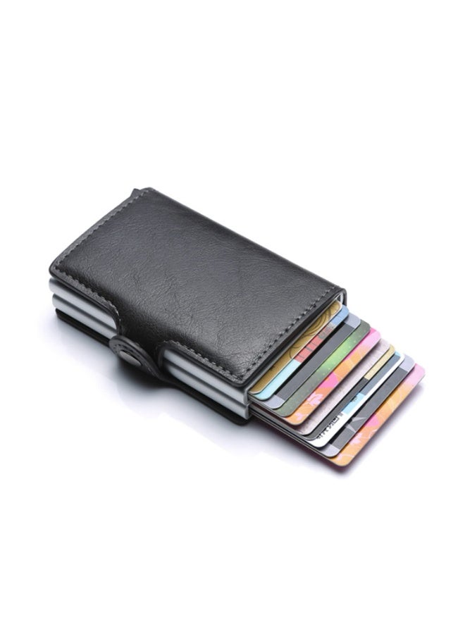 الرجال النساء RFID حجب حامل بطاقة الائتمان، الجلد الأصلي حالة بطاقة العمل ذات القدرة الكبيرة، طبقة مزدوجة منبثقة محفظة مع المال كليب، رقيقة PU الجلد الألومنيوم محفظة هوية آمنة للسفر (أسود) - Image 1