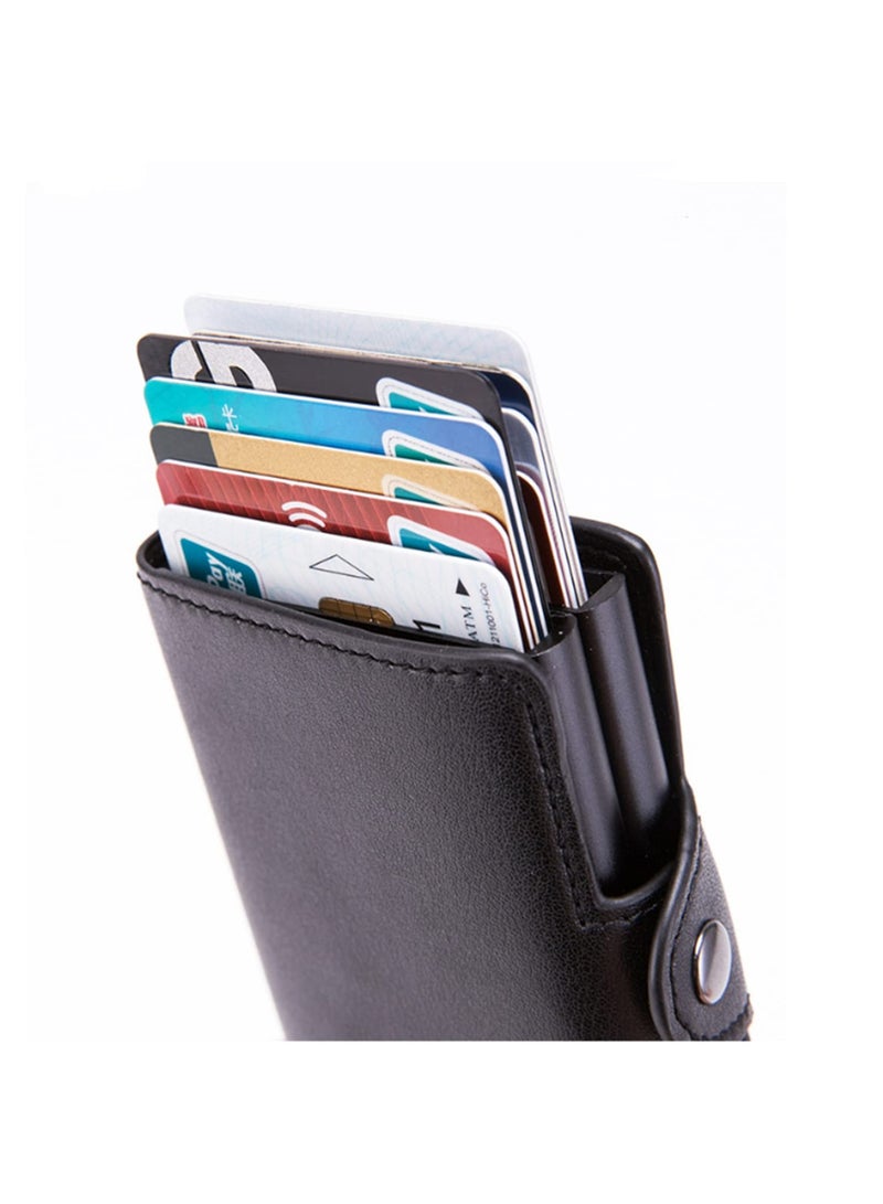 الرجال النساء RFID حجب حامل بطاقة الائتمان، الجلد الأصلي حالة بطاقة العمل ذات القدرة الكبيرة، طبقة مزدوجة منبثقة محفظة مع المال كليب، رقيقة PU الجلد الألومنيوم محفظة هوية آمنة للسفر (أسود) - Image 5
