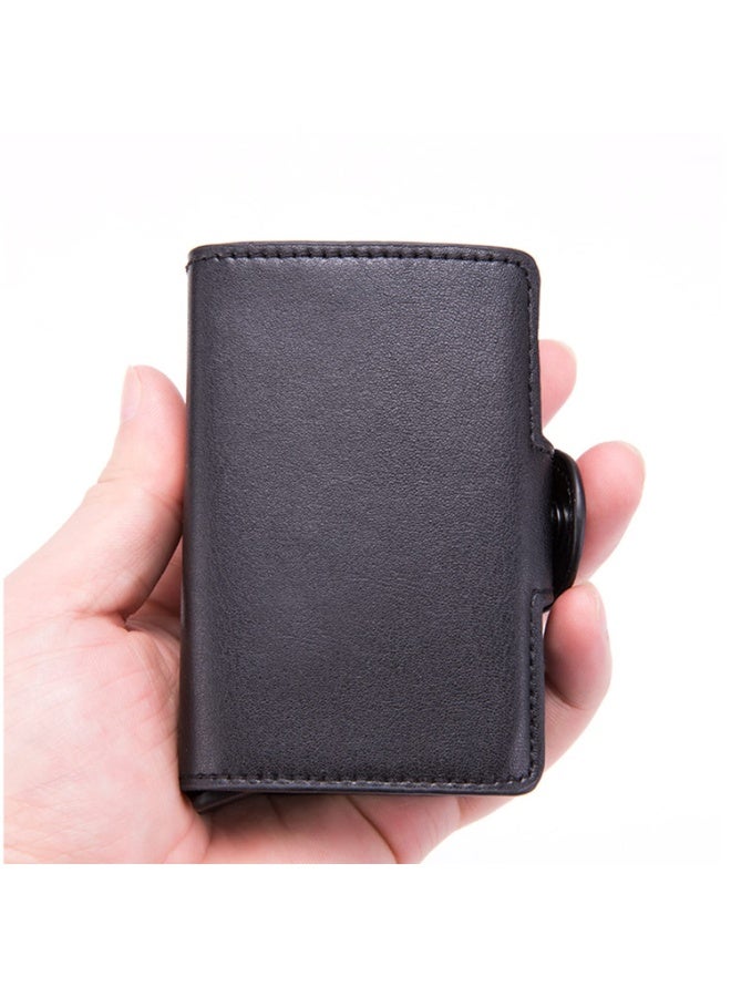 الرجال النساء RFID حجب حامل بطاقة الائتمان، الجلد الأصلي حالة بطاقة العمل ذات القدرة الكبيرة، طبقة مزدوجة منبثقة محفظة مع المال كليب، رقيقة PU الجلد الألومنيوم محفظة هوية آمنة للسفر (أسود) - Image 4