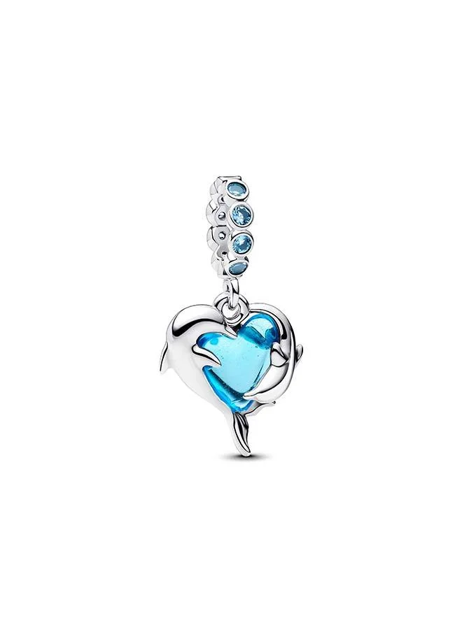 PANDORA Blue Murano Glass Dolphins Dangle Charm