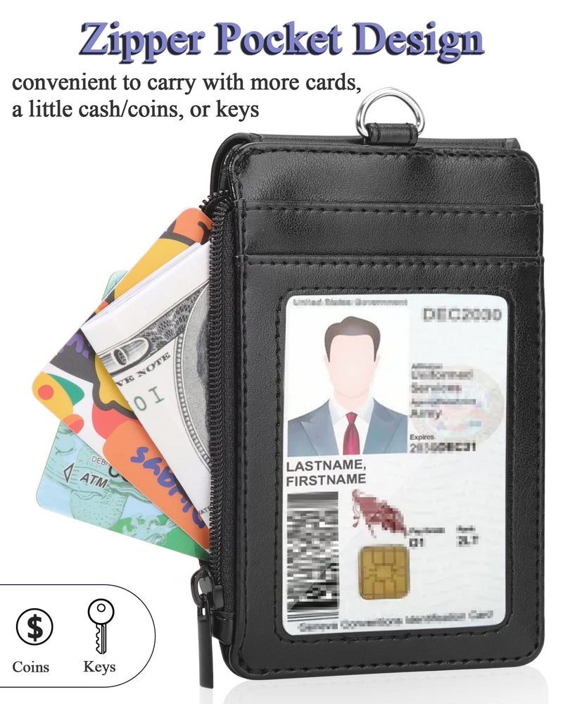 Teskyer Badge Holder with Side Zip Pocket, Multiple Card Slots Leather ID Holder Wallet with Neck Lanyard for Office Staffs, Teachers/Students, Couriers, Workers, Black - Image 4