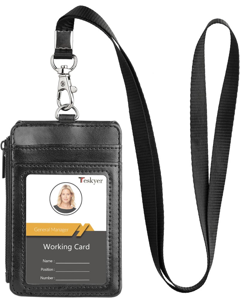 Teskyer Badge Holder with Side Zip Pocket, Multiple Card Slots Leather ID Holder Wallet with Neck Lanyard for Office Staffs, Teachers/Students, Couriers, Workers, Black - Image 1