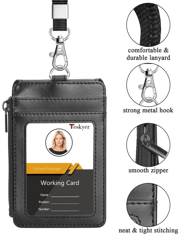 Teskyer Badge Holder with Side Zip Pocket, Multiple Card Slots Leather ID Holder Wallet with Neck Lanyard for Office Staffs, Teachers/Students, Couriers, Workers, Black - Image 5