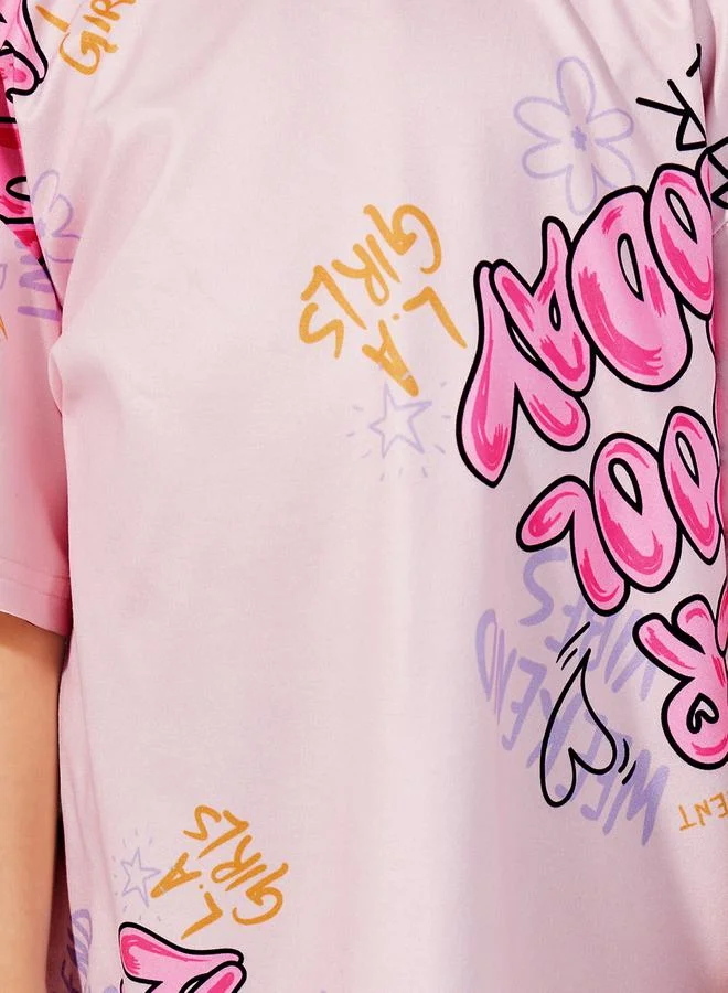 Styli Graphic Print Round Neck Oversized T-shirt