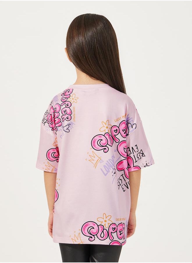 Styli Graphic Print Round Neck Oversized T-shirt  - Image 4