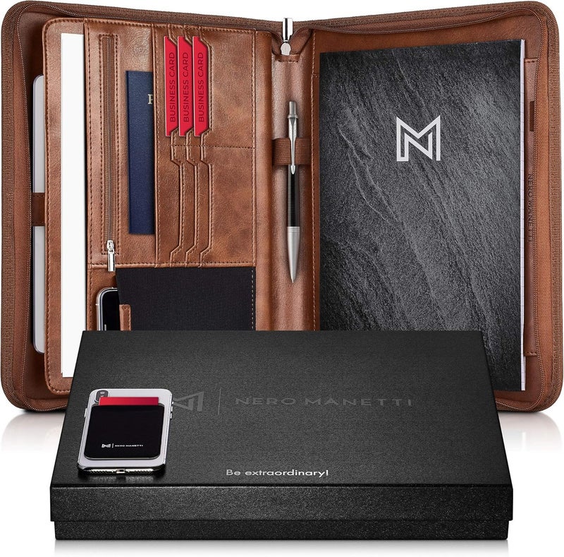 NERO MANETTI - Zippered Vegan Leather Padfolio/Portfolio Pad Holder-Business PU Leather Notepad Folder for Resumes, Interviews, iPad/Tablet, Phone, Legal Pad Notebook Executive Binder for Women, Men - Image 1