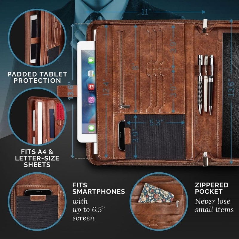 NERO MANETTI - Zippered Vegan Leather Padfolio/Portfolio Pad Holder-Business PU Leather Notepad Folder for Resumes, Interviews, iPad/Tablet, Phone, Legal Pad Notebook Executive Binder for Women, Men - Image 3