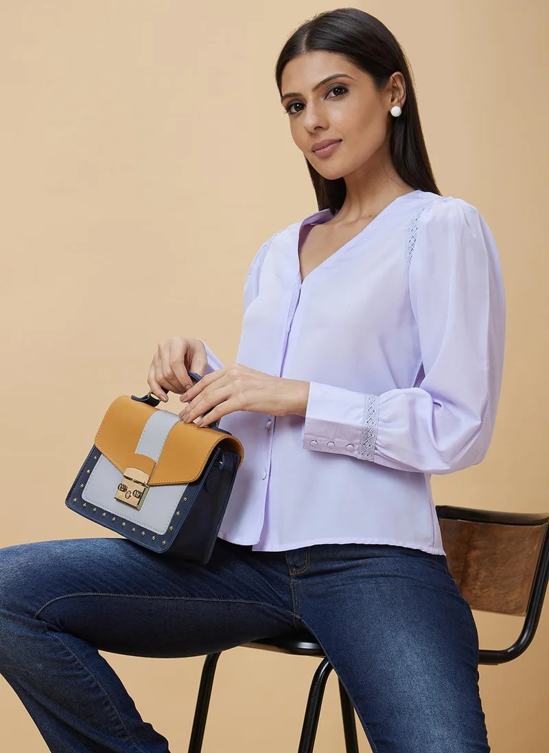 globus Globus Women Blue V-Neck Puff Sleeve Top