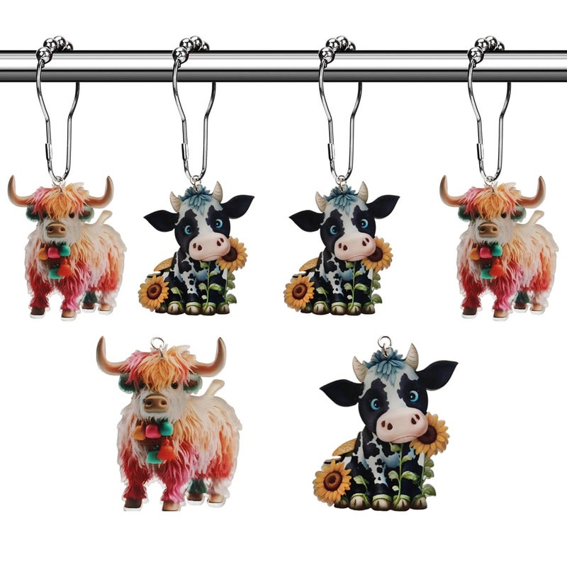 Aimoye Cute Highland Cow Shower Curtain Hooks - Metal Silver Shower Curtain Rings Western Farmhouse Shower Curtain Hooks Set Bathroom Accessory, Chic Rustic Shower Hooks for Shower Curtain Liner - Image 1