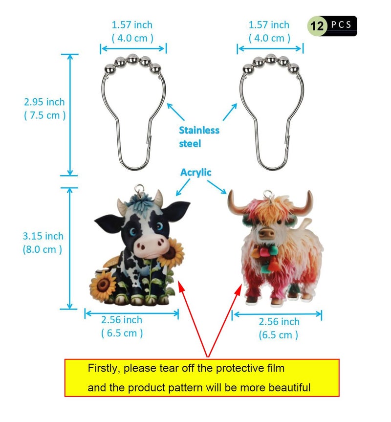 Aimoye Cute Highland Cow Shower Curtain Hooks - Metal Silver Shower Curtain Rings Western Farmhouse Shower Curtain Hooks Set Bathroom Accessory, Chic Rustic Shower Hooks for Shower Curtain Liner - Image 3