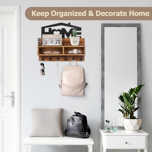 VIS'V VISV Key Holder Wall Mount Decorative Wooden Mail and Key Organizer with Storage Basket and Shelf 2 Compartments 6 Hooks Brown - Image 3