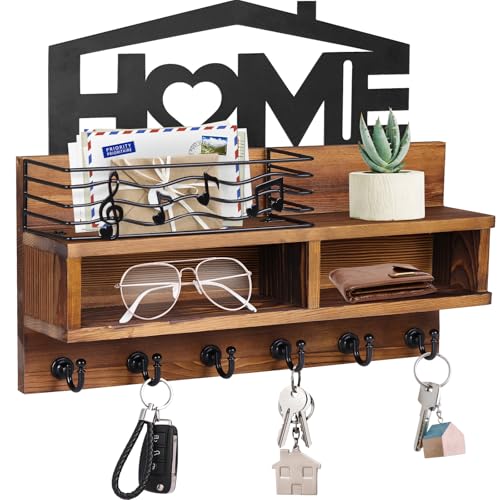 VIS'V VISV Key Holder Wall Mount Decorative Wooden Mail and Key Organizer with Storage Basket and Shelf 2 Compartments 6 Hooks Brown - Image 1