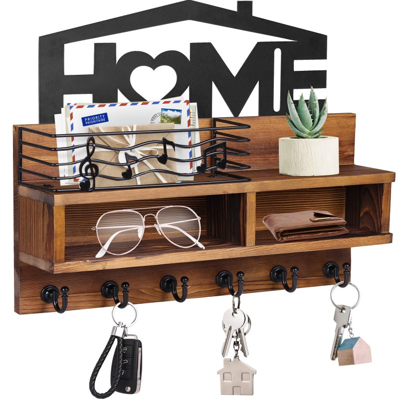 VIS'V VISV Key Holder Wall Mount Decorative Wooden Mail and Key Organizer with Storage Basket and Shelf 2 Compartments 6 Hooks Brown - Image 2