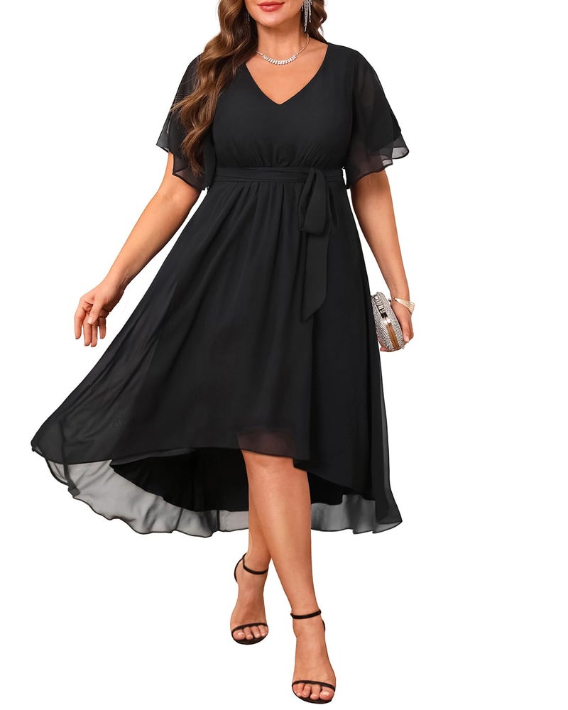 Talisea Plus Size Cocktail Dress Black Wedding Guest Formal Chiffon Short Sleeve High Low Semi Formal Dress Curvy Women - Image 1
