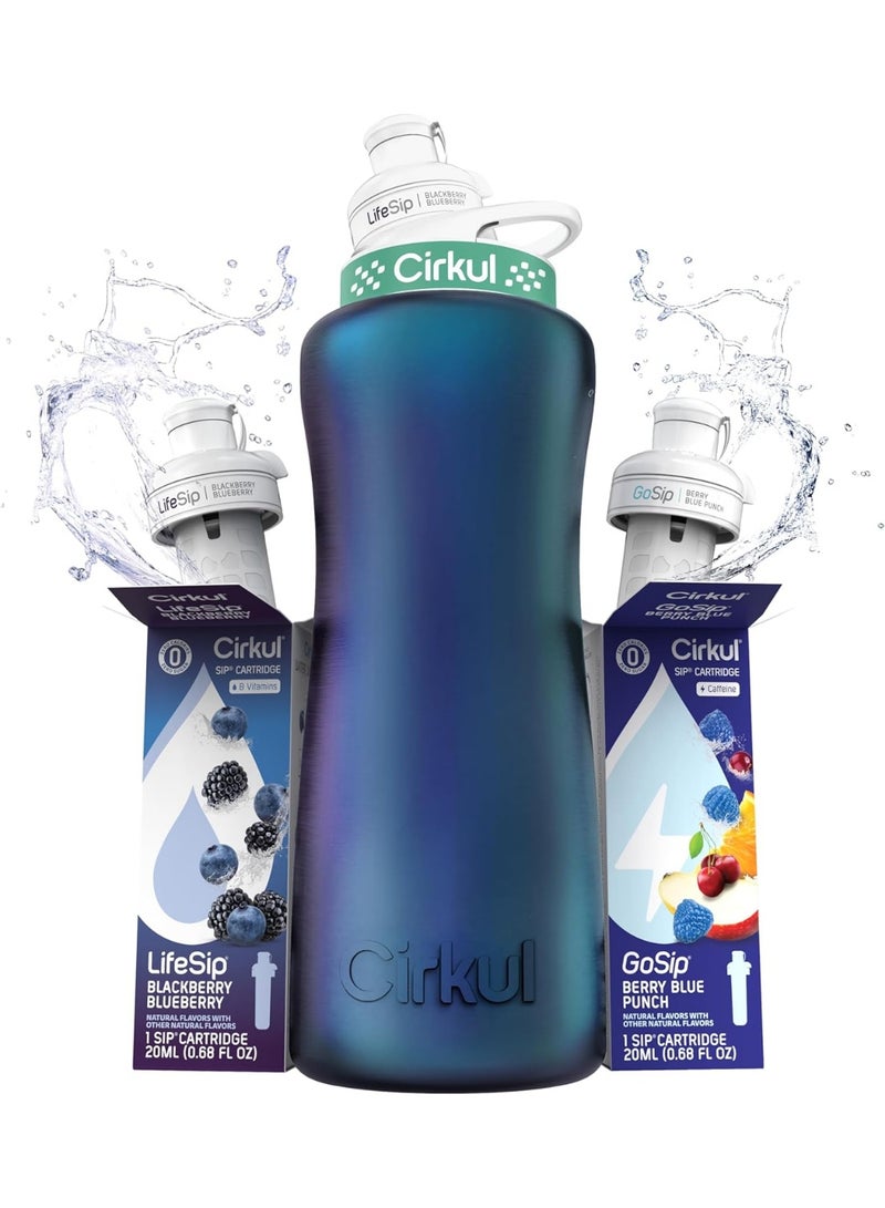 Cirkul 32 oz Chameleon Stainless Steel Water Bottle Starter Kit with Teal Lid With 1 Berry Blue Punch & 1 Blackberry Blueberry Cartridge - Great for staying hydrated. - Image 1