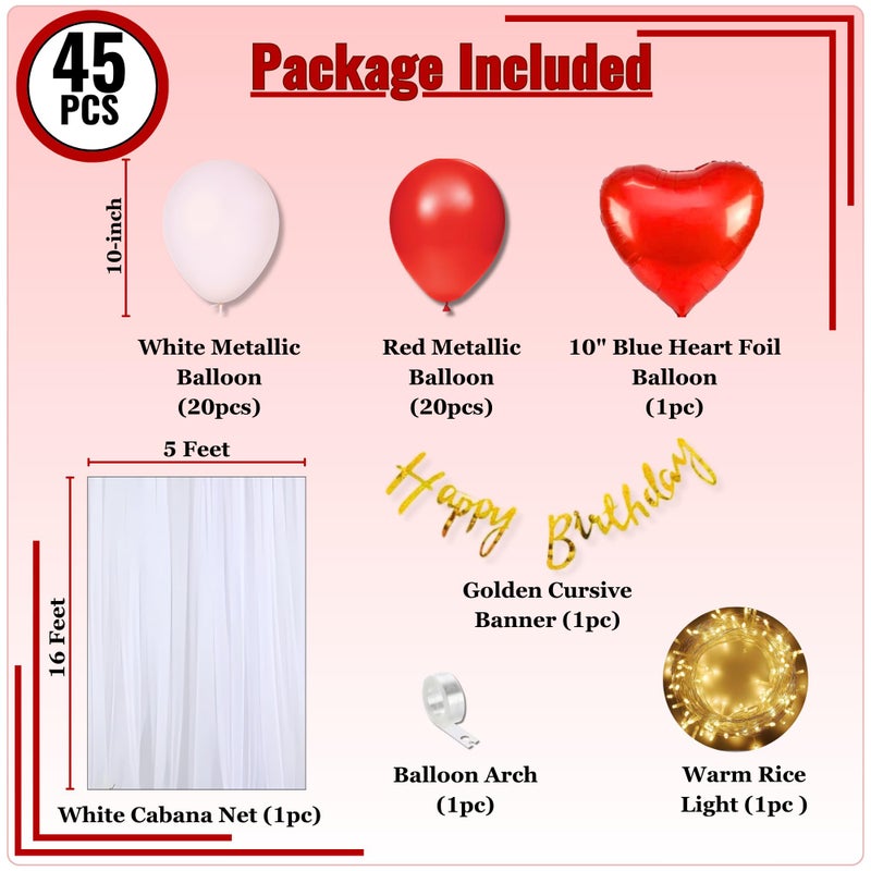 1iAM Happy Birthday Decoration Items for Girls, Boys | Pack of 45 - 1pc Banner, Net, Light, Arch & 41pcs Balloons | Romantic Red White Cabana Birthday Decoration Kit for Husband, Wife | Party Supplies - Image 2