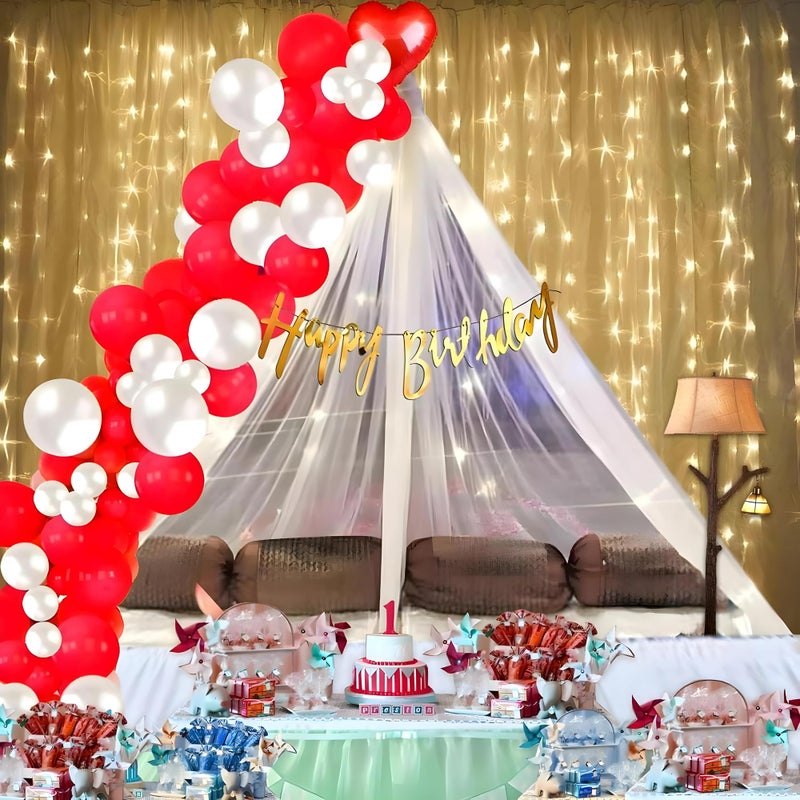 1iAM Happy Birthday Decoration Items for Girls, Boys | Pack of 45 - 1pc Banner, Net, Light, Arch & 41pcs Balloons | Romantic Red White Cabana Birthday Decoration Kit for Husband, Wife | Party Supplies - Image 1