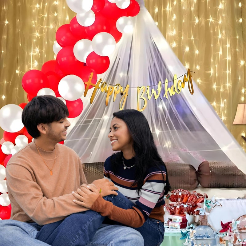 1iAM Happy Birthday Decoration Items for Girls, Boys | Pack of 45 - 1pc Banner, Net, Light, Arch & 41pcs Balloons | Romantic Red White Cabana Birthday Decoration Kit for Husband, Wife | Party Supplies - Image 3