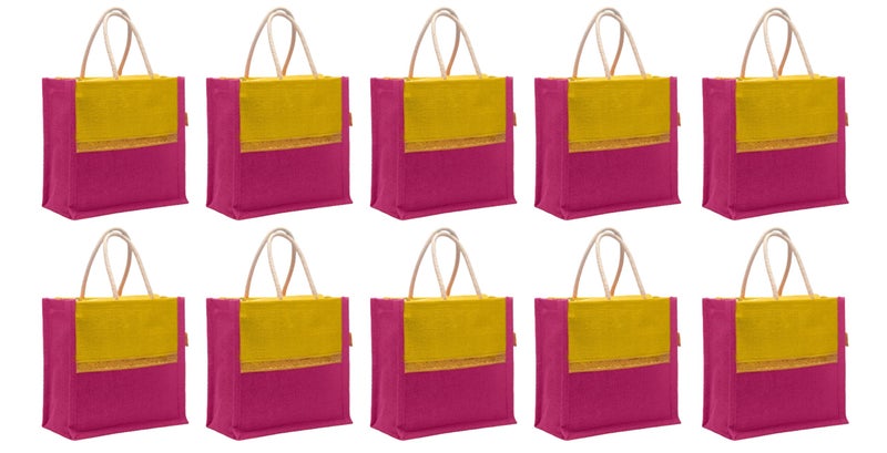 Soman Jute Ecofriendly Return Gift Bags with Zip Lemon Yellow Pink Combo Pack of 10 Bags - Image 1