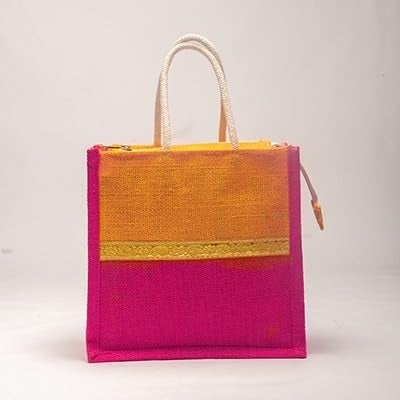 Soman Jute Ecofriendly Return Gift Bags with Zip Lemon Yellow Pink Combo Pack of 10 Bags - Image 5