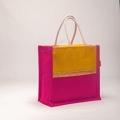 Soman Jute Ecofriendly Return Gift Bags with Zip Lemon Yellow Pink Combo Pack of 10 Bags - Image 2