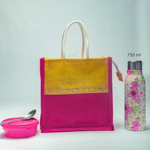 Soman Jute Ecofriendly Return Gift Bags with Zip Lemon Yellow Pink Combo Pack of 10 Bags - Image 4