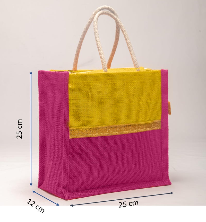 Soman Jute Ecofriendly Return Gift Bags with Zip Lemon Yellow Pink Combo Pack of 10 Bags - Image 3