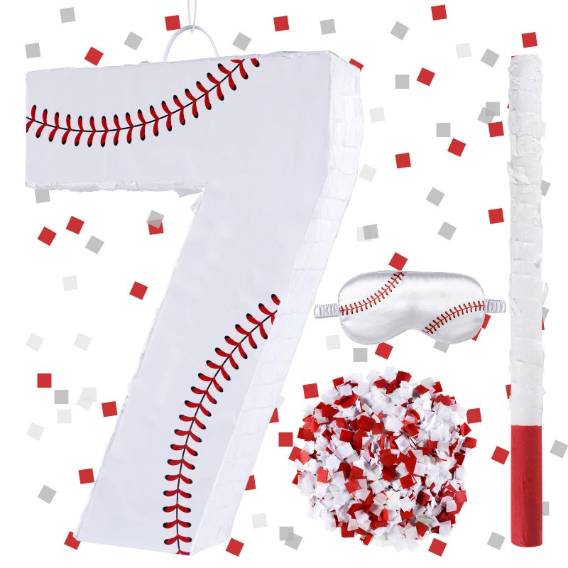 Lcoor Baseball Birthday Decorations Baseball Number 7 Piata with Blindfold Stick Blindfold Confetti for Baseball Pinata Sports Theme 7th Birthday Party Supplies 7TH - Image 3