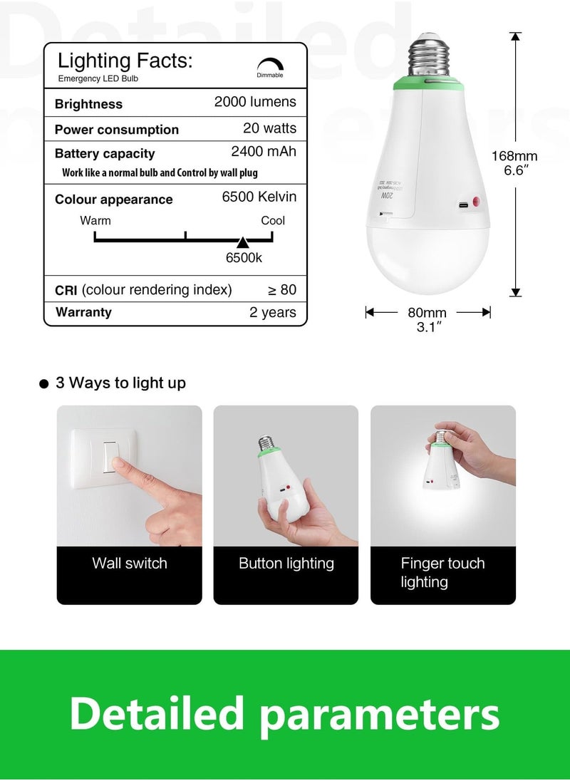 Rechargeable Emergency LED Bulb 20W Equivalent, 1200mAh Battery Backup, E27/E26 Dimmable 2000LM for Power Outages, Home, Camping, Outdoor Activities  - Image 5