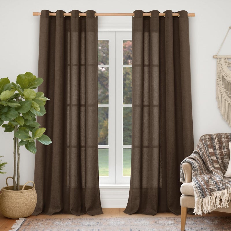 YoungsTex Dark Brown Linen Curtains 84 Inch Length 2 Panels for Living Room, Light Filtering Drapes Semi Sheer Chocolate Window Treatments with Bronze Grommet for Bedroom, 52 x 84 Inch - Image 1