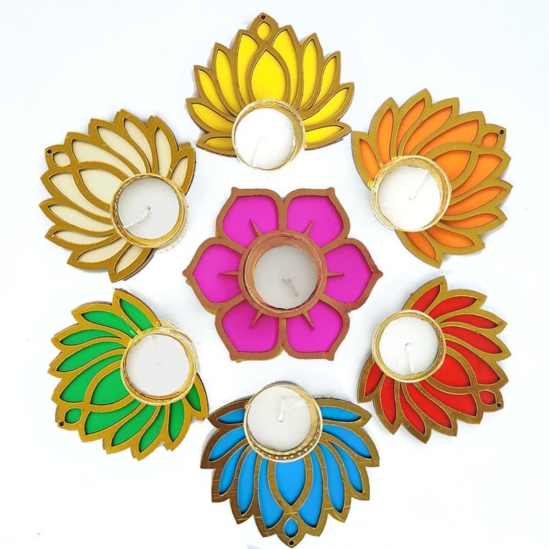 GIFT JAIPUR Gift Jaipur Wooden Multicolor Mix Lotus Diya Rangoli Set of 7 Candles with Wax Reusable Deepak for Home Temple Decorations on Diwali Dusshera Wedding Pooja New Year - Image 1