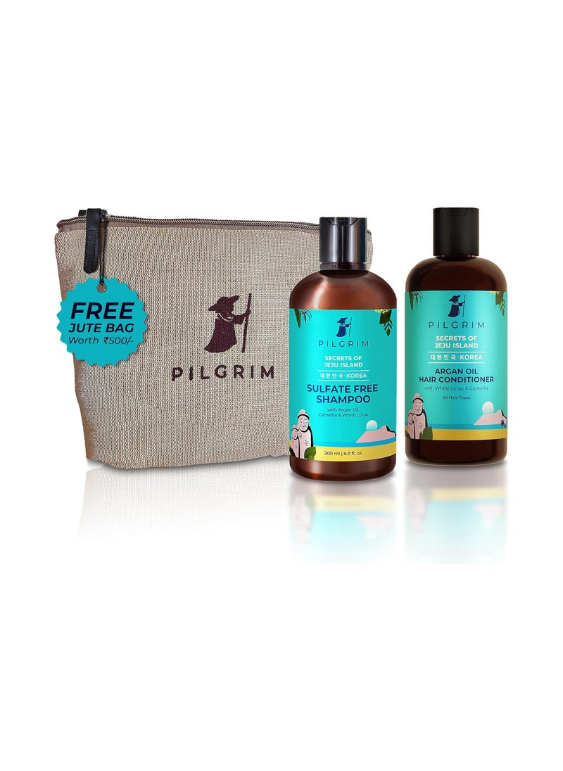 PILGRIM PILGRIM Korean Anti-Frizz Hair Care Set with Sulphate Free Shampoo 200ml & Argan Oil Hair Conditioner 200ml with FREE Jute Kit Bag| Silky Smooth Hair For Women and Men  - Image 1