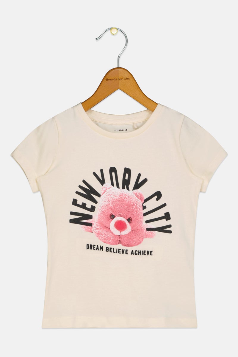 NAME IT Toddlers Girl Crew Neck Short Sleeve Graphic Print T-Shirt, Cream - Image 1