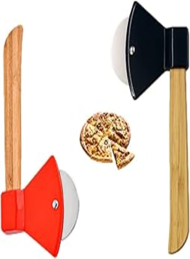 (2Pack) Mantimes Creative Stainless Steel Axe Pizza Cutter Bamboo Handle Single Wheel Pizza Cutter Plastic Biscuit Baking Gadget Red and Black