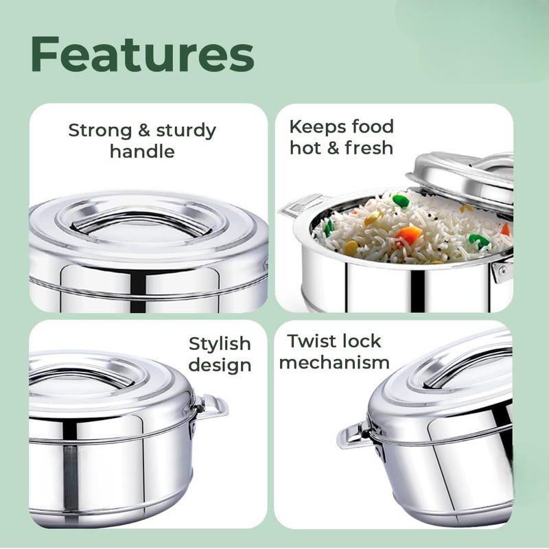 STEEPLE Platina Premium 2000 ML Double Wall Insulated Stainless Steel Casserole Hot Pot for Roti Rice Gravy Curry Silver Hot Box with Steel Lid Twist Lock Retains Temperature - Image 2