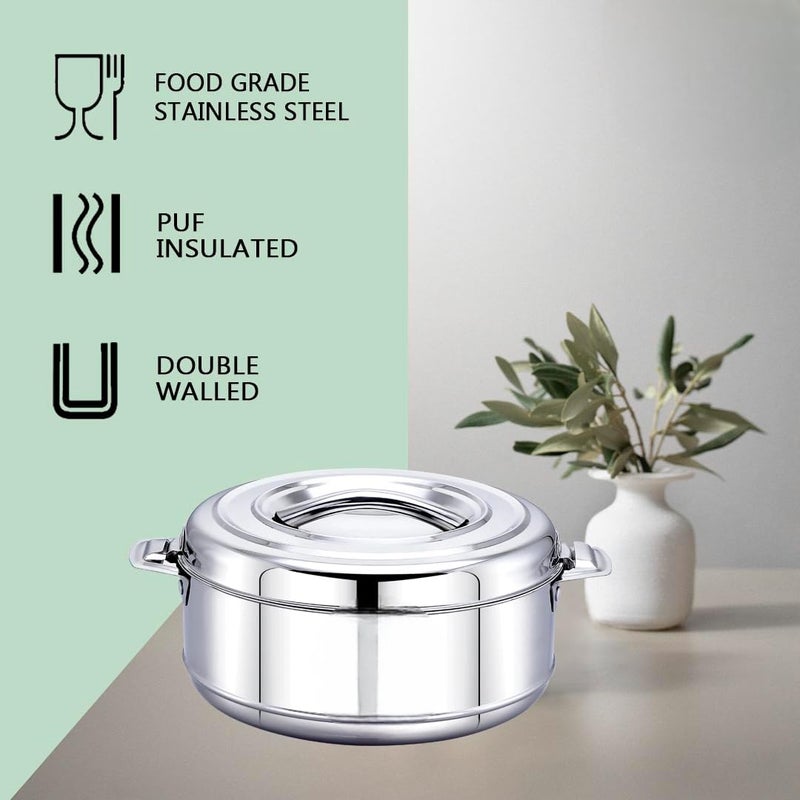 STEEPLE Platina Premium 2000 ML Double Wall Insulated Stainless Steel Casserole Hot Pot for Roti Rice Gravy Curry Silver Hot Box with Steel Lid Twist Lock Retains Temperature - Image 3
