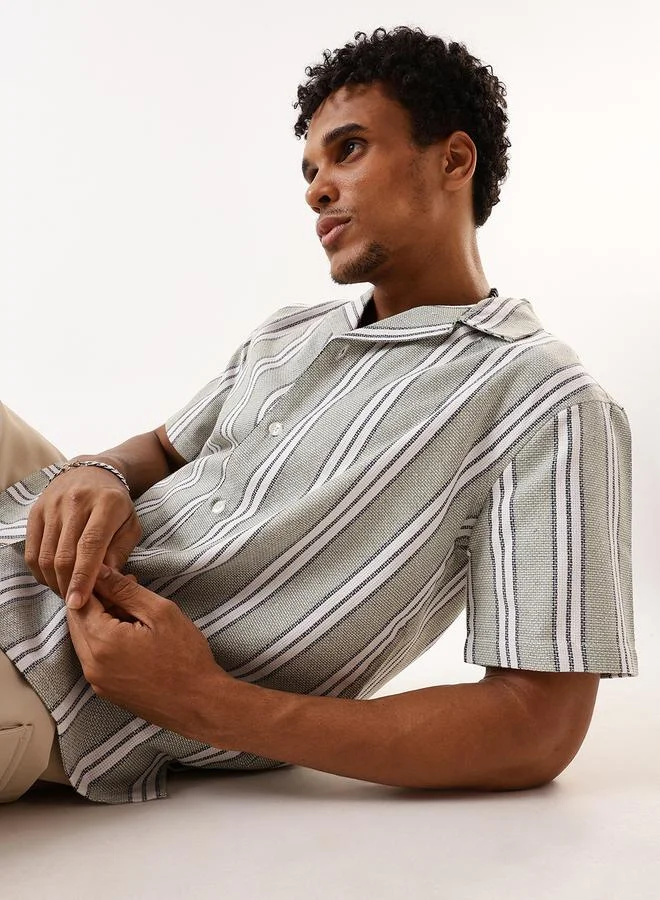 HIGH STAR Men's Green Cotton Blend Striped Button Down Relaxed Shirt