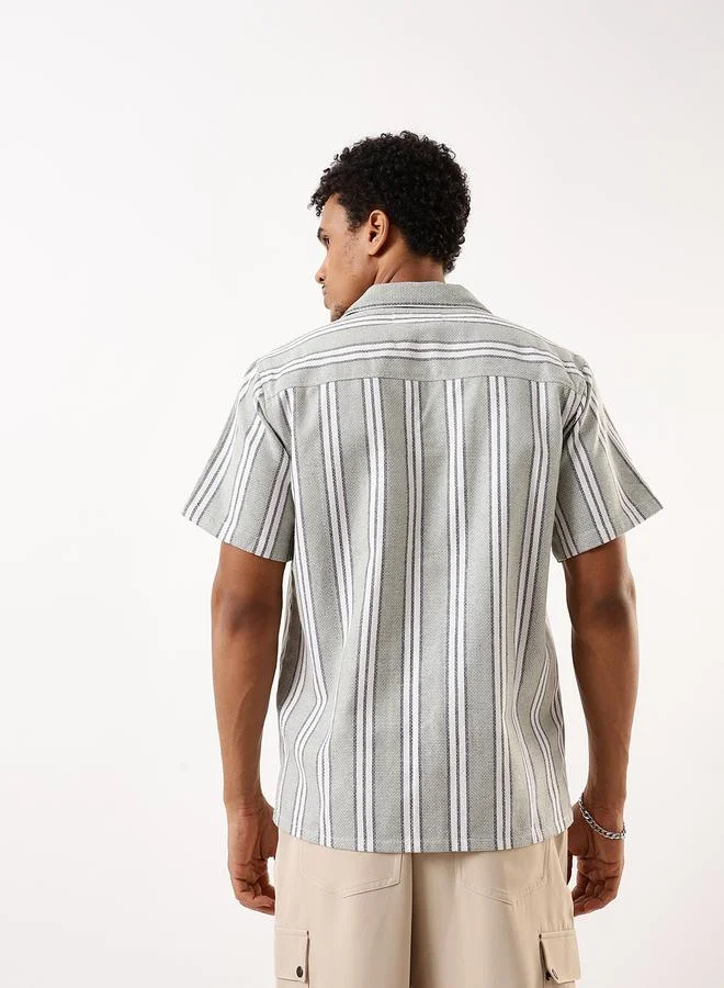 HIGH STAR Men's Green Cotton Blend Striped Button Down Relaxed Shirt