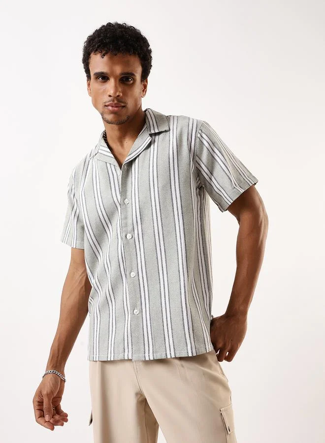HIGH STAR Men's Green Cotton Blend Striped Button Down Relaxed Shirt