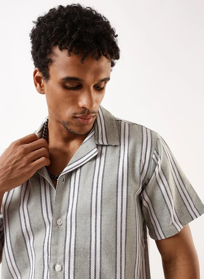 HIGH STAR Men's Green Cotton Blend Striped Button Down Relaxed Shirt
