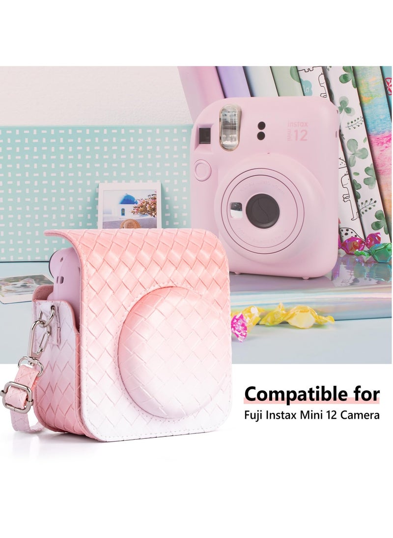 Generic Gradient Weave PU Leather Case for Fujifilm/Polaroid Instax Mini 12 - Chic Protective Camera Cover with Shoulder Strap - Pink Color  - Image 2
