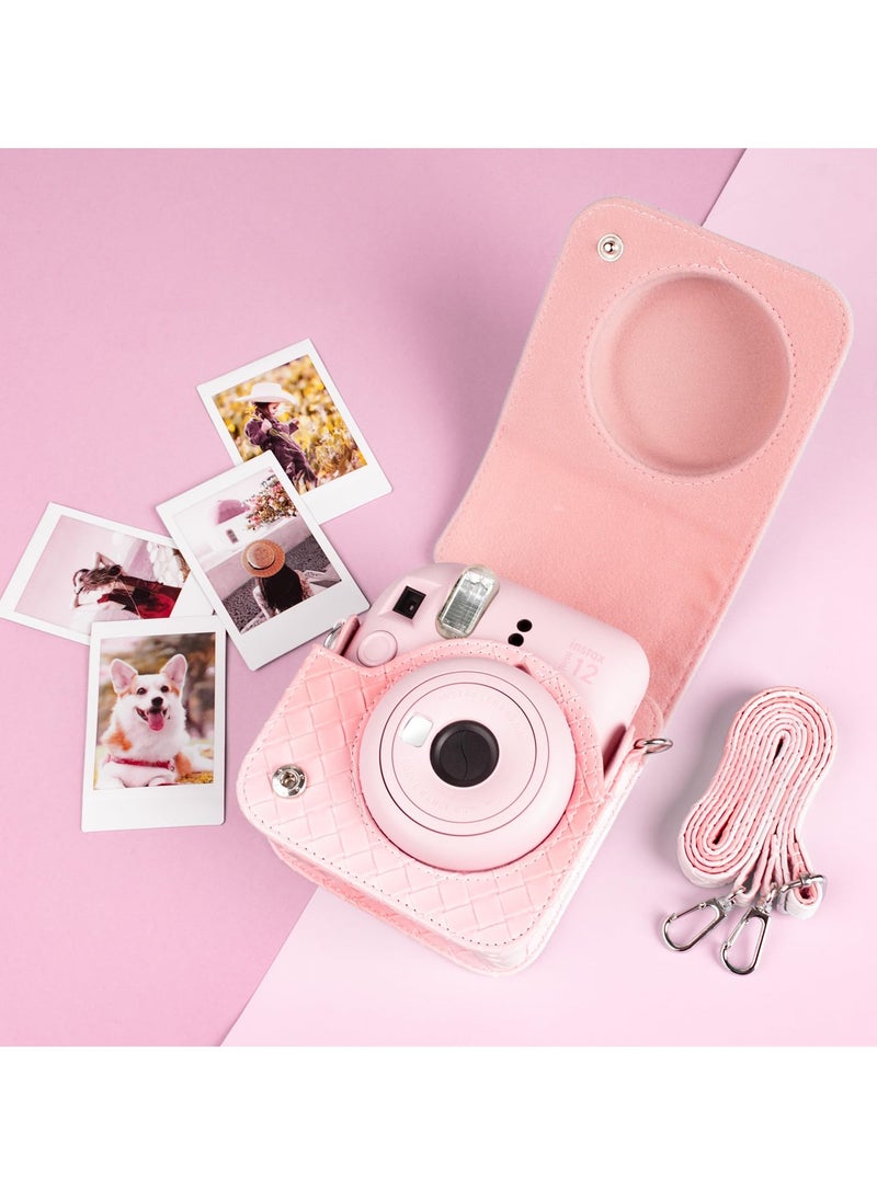Generic Gradient Weave PU Leather Case for Fujifilm/Polaroid Instax Mini 12 - Chic Protective Camera Cover with Shoulder Strap - Pink Color  - Image 4