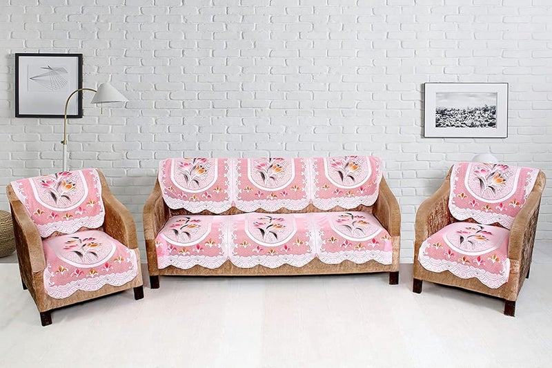 HOMECROWN Polyester Cotton Net Fabric Floral Design 5 Seater Sofa Cover Set for 3 seaters and 2 Seater Sofa Set Pink 69 x 178 cm - Image 1