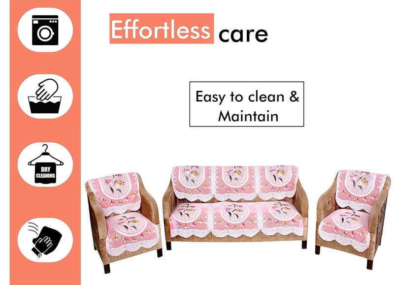 HOMECROWN Polyester Cotton Net Fabric Floral Design 5 Seater Sofa Cover Set for 3 seaters and 2 Seater Sofa Set Pink 69 x 178 cm - Image 2