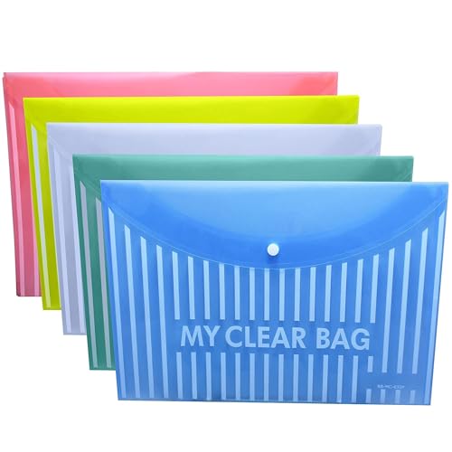 CAMPIO Heavy Plastic 300 Microns Clear Envelopes with Snap Button Closure - A4 and Legal Letter Size - Lining Print Plastic Poly Document File Folders for School, Home, and Office Use - Pack of 10 - Image 1
