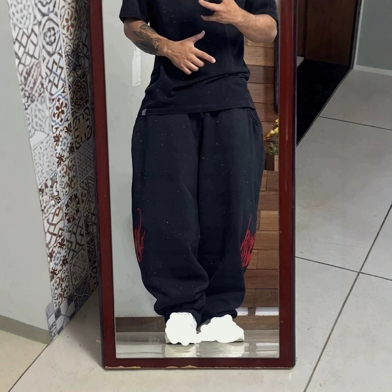 Women's Gray Flame Embroidered Sweatpants Loose Joggers - Image 4
