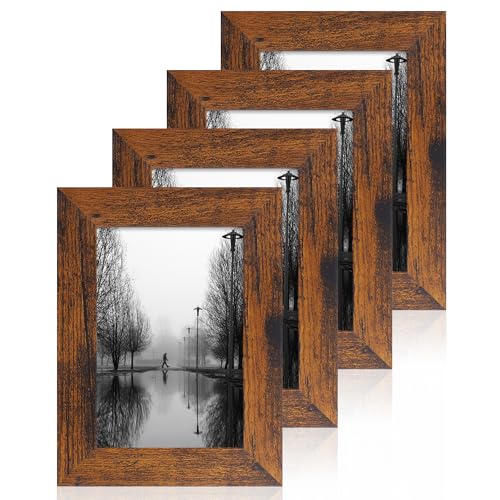 iRahmen 4x6 Picture Frame Set of 4, High Definition Glass 4 x 6 Frame, Wood Rustic Photo Frames for Horizontal or Vertical Display Tabletop and Wall Mounting - Image 1