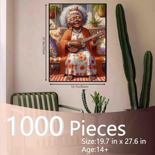 Tucocoo African American Old Lady 1000 Piece Jigsaw Puzzles for Adults Grandma Playing The Guitar Jigsaw Puzzle for Challenging Family Activity Game Garden Artwork Puzzle for Home Decor Gifts 20x27 Inches - Image 5