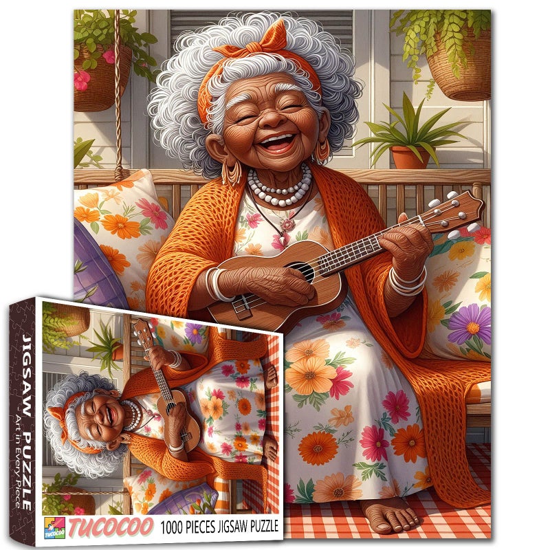 Tucocoo African American Old Lady 1000 Piece Jigsaw Puzzles for Adults Grandma Playing The Guitar Jigsaw Puzzle for Challenging Family Activity Game Garden Artwork Puzzle for Home Decor Gifts 20x27 Inches - Image 3