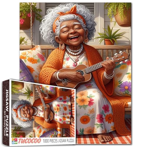 Tucocoo African American Old Lady 1000 Piece Jigsaw Puzzles for Adults Grandma Playing The Guitar Jigsaw Puzzle for Challenging Family Activity Game Garden Artwork Puzzle for Home Decor Gifts 20x27 Inches - Image 1
